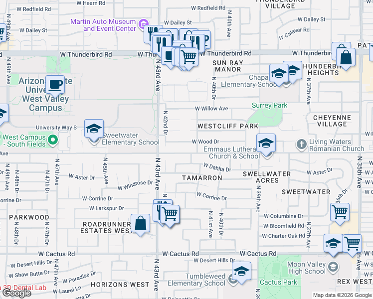 map of restaurants, bars, coffee shops, grocery stores, and more near 4126 West Wood Drive in Phoenix