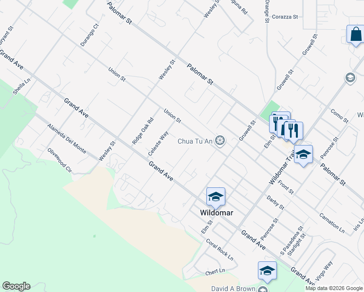map of restaurants, bars, coffee shops, grocery stores, and more near 21165 Denise Court in Wildomar