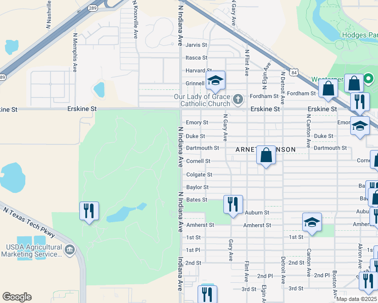 map of restaurants, bars, coffee shops, grocery stores, and more near 3314 Dartmouth Street in Lubbock