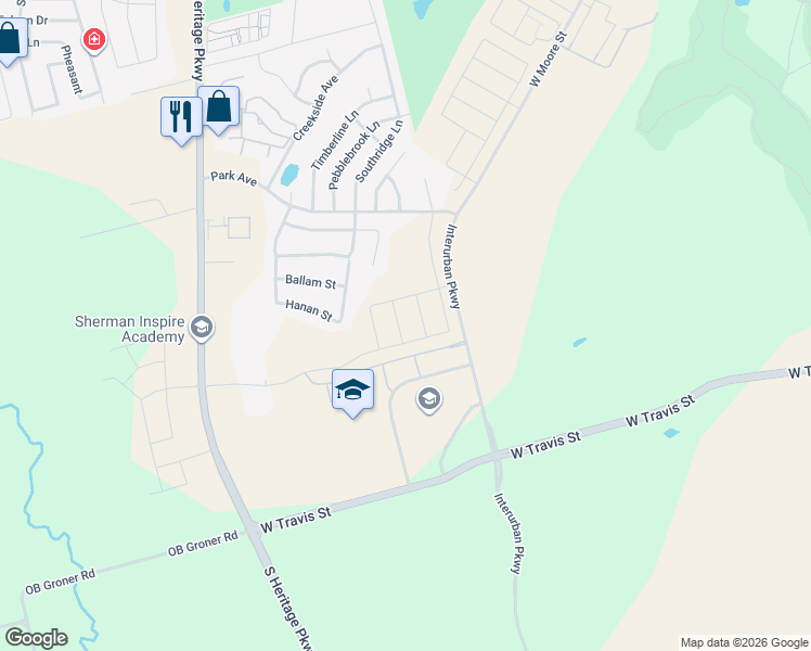 map of restaurants, bars, coffee shops, grocery stores, and more near 2311 Southridge Lane in Sherman