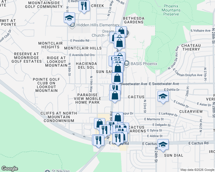 map of restaurants, bars, coffee shops, grocery stores, and more near 2035 East Sweetwater Avenue in Phoenix