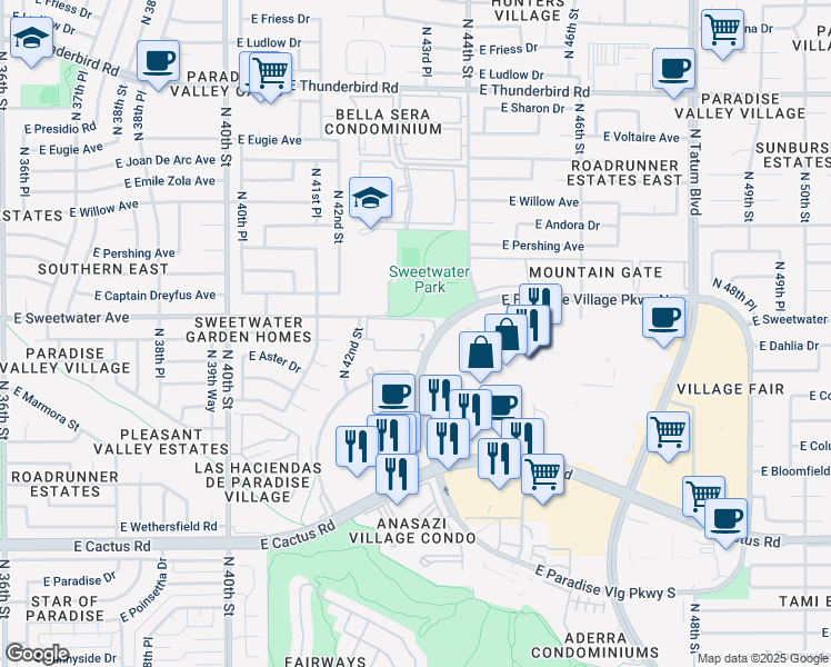 map of restaurants, bars, coffee shops, grocery stores, and more near 12844 North Paradise Village Parkway West in Phoenix