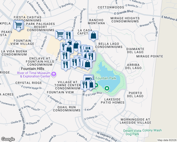 map of restaurants, bars, coffee shops, grocery stores, and more near 16872 East Avenue of the Fountains in Fountain Hills