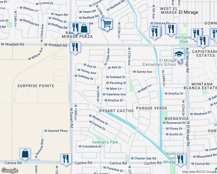 map of restaurants, bars, coffee shops, grocery stores, and more near 12830 West Pershing Street in El Mirage