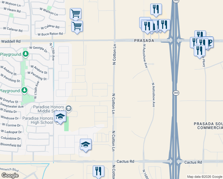map of restaurants, bars, coffee shops, grocery stores, and more near 13231 North Cotton Lane in Surprise