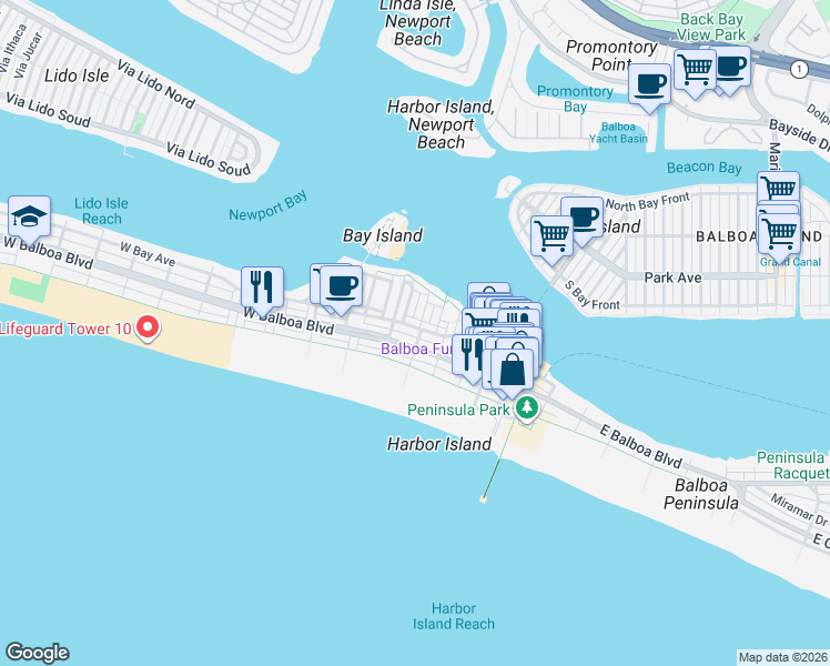 map of restaurants, bars, coffee shops, grocery stores, and more near 304 Medina Way in Newport Beach
