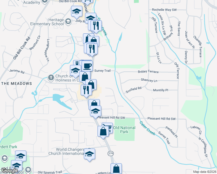 map of restaurants, bars, coffee shops, grocery stores, and more near 5355 Willow Park Boulevard in Atlanta
