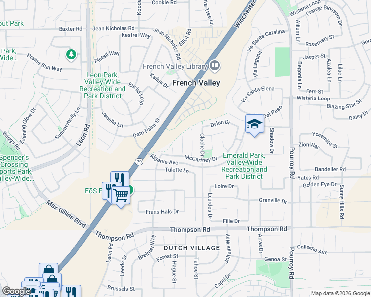 map of restaurants, bars, coffee shops, grocery stores, and more near 35636 Loggins Court in Winchester