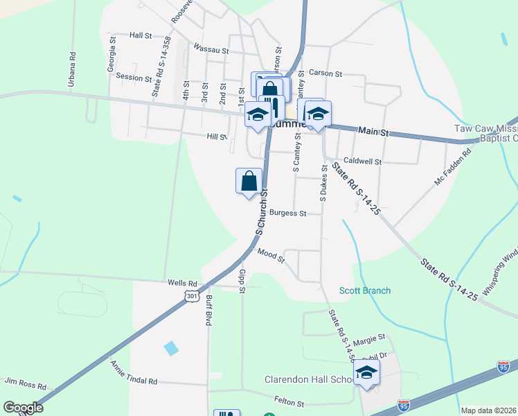 map of restaurants, bars, coffee shops, grocery stores, and more near 28 Church Street in Summerton