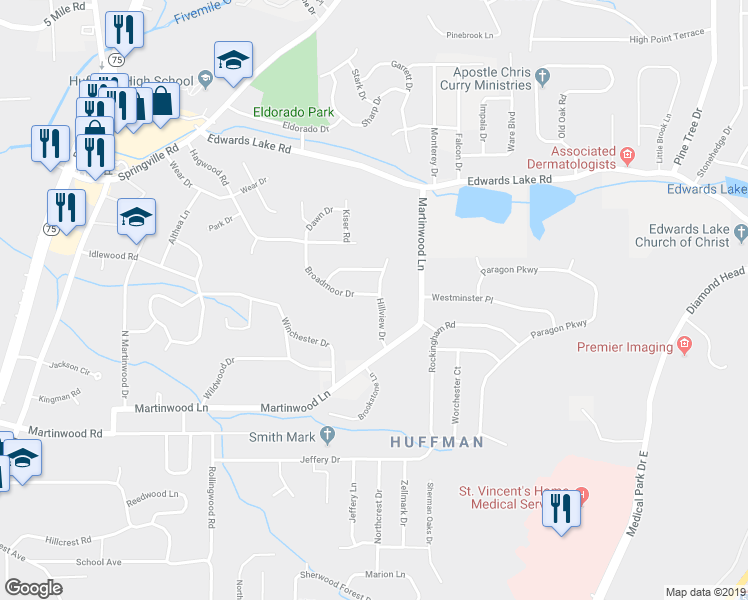 map of restaurants, bars, coffee shops, grocery stores, and more near 832 Hillview Drive in Birmingham