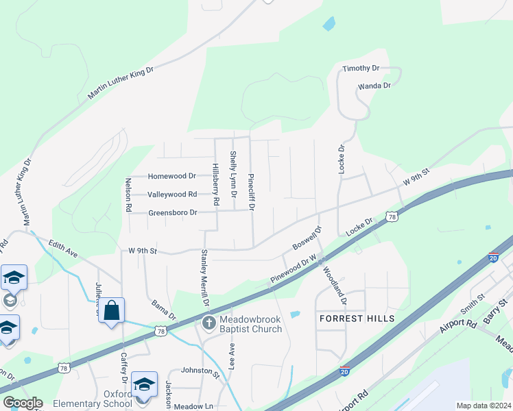 map of restaurants, bars, coffee shops, grocery stores, and more near 927 Pinecliff Drive in Oxford