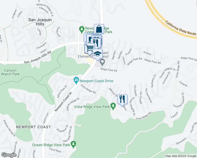 map of restaurants, bars, coffee shops, grocery stores, and more near 2 Teramo Court in Newport Beach