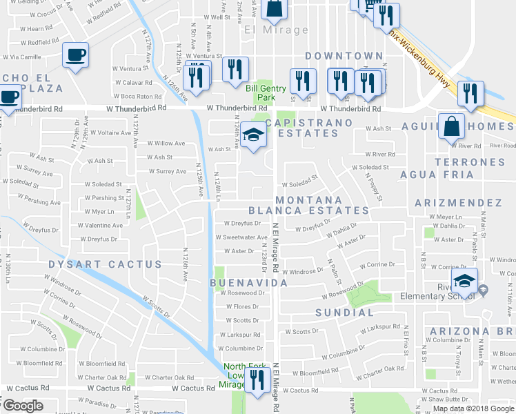 map of restaurants, bars, coffee shops, grocery stores, and more near 12322 West Valentine Avenue in El Mirage