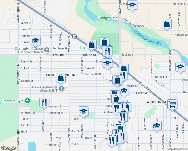 map of restaurants, bars, coffee shops, grocery stores, and more near 2712 Dartmouth Street in Lubbock