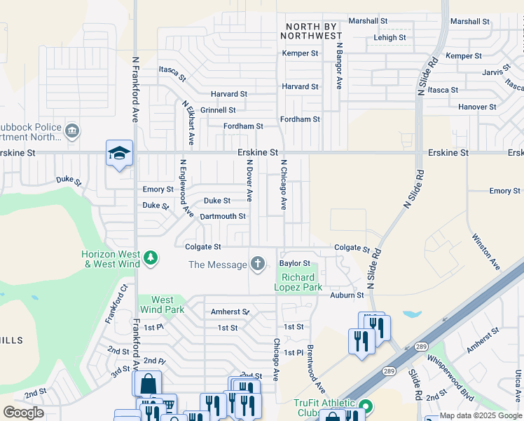 map of restaurants, bars, coffee shops, grocery stores, and more near 512 North Dover Avenue in Lubbock