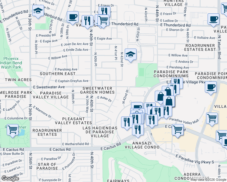 map of restaurants, bars, coffee shops, grocery stores, and more near 4042 East Dahlia Drive in Phoenix