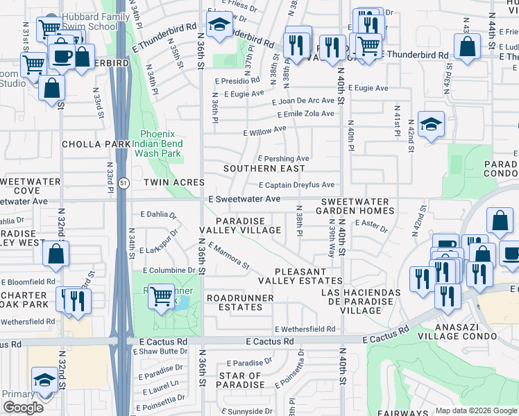 map of restaurants, bars, coffee shops, grocery stores, and more near 3758 East Sweetwater Avenue in Phoenix