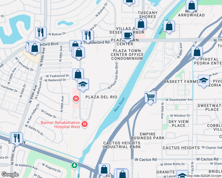 map of restaurants, bars, coffee shops, grocery stores, and more near 9264 West Wood Drive in Peoria