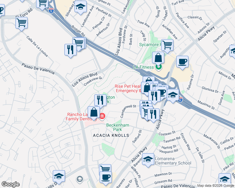 map of restaurants, bars, coffee shops, grocery stores, and more near 24646 Kim Circle in Laguna Hills