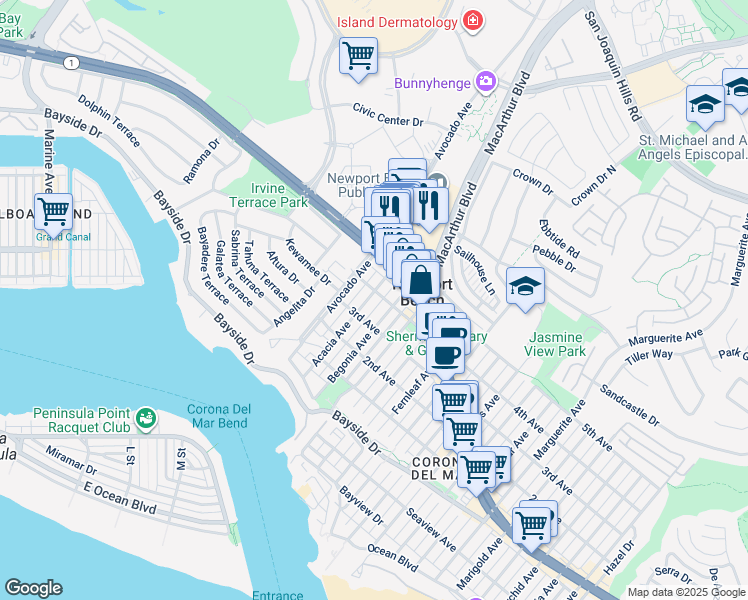 map of restaurants, bars, coffee shops, grocery stores, and more near 701 1/2 Acacia Avenue in Newport Beach