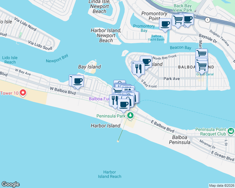 map of restaurants, bars, coffee shops, grocery stores, and more near 403 Edgewater Place in Newport Beach