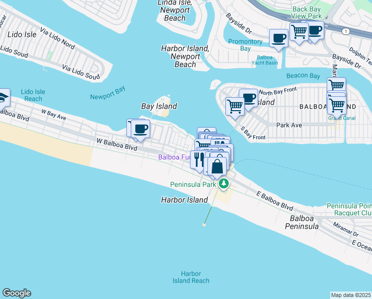 map of restaurants, bars, coffee shops, grocery stores, and more near 315 Fernando Street in Newport Beach