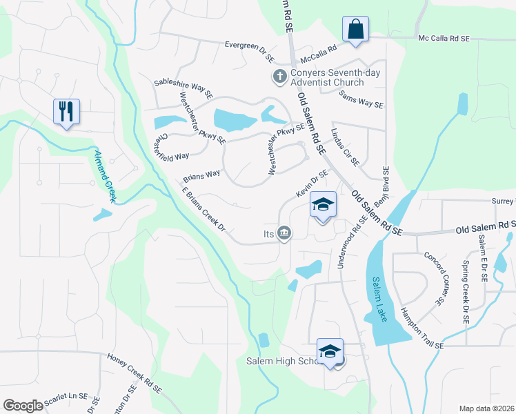 map of restaurants, bars, coffee shops, grocery stores, and more near 2616 Westchester Parkway Southeast in Conyers