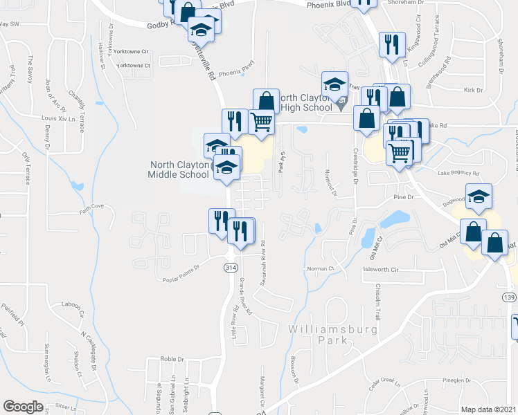 map of restaurants, bars, coffee shops, grocery stores, and more near 7996 Amazon Court in Atlanta