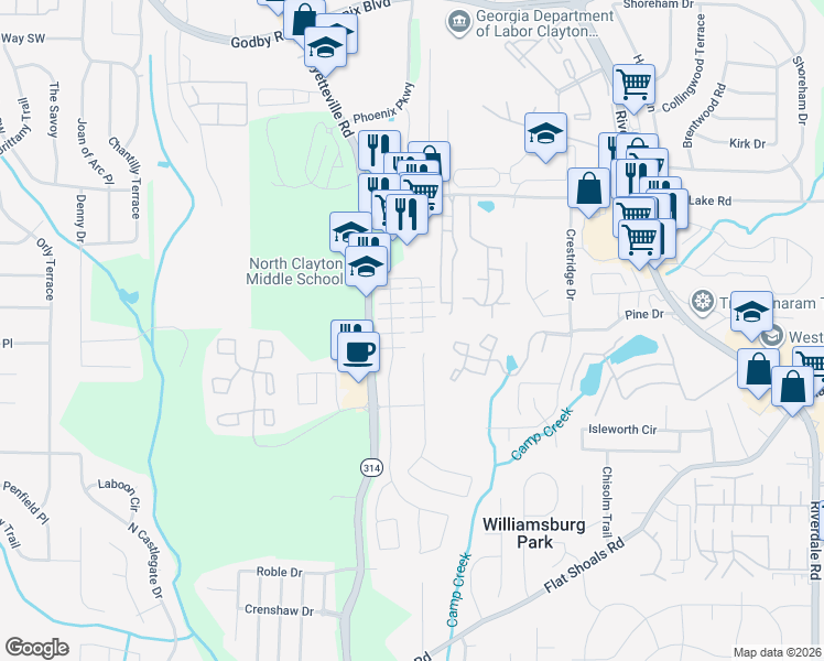 map of restaurants, bars, coffee shops, grocery stores, and more near 7994 Amazon Court in Atlanta