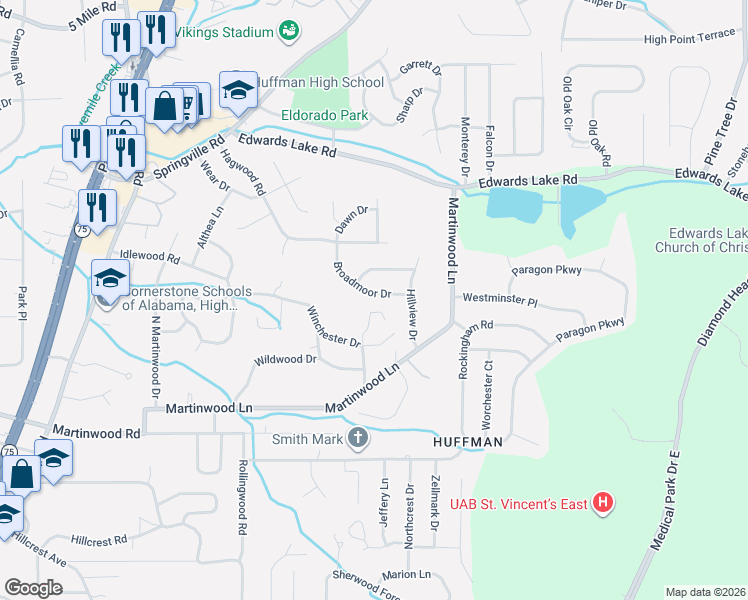 map of restaurants, bars, coffee shops, grocery stores, and more near 1006 Broadmoor Drive in Birmingham