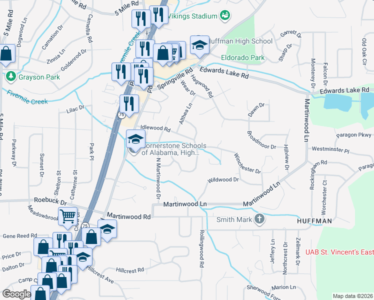map of restaurants, bars, coffee shops, grocery stores, and more near 1001 Hyacinth Drive in Birmingham