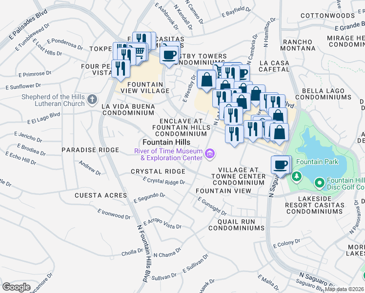 map of restaurants, bars, coffee shops, grocery stores, and more near 16540 East El Lago Boulevard in Fountain Hills