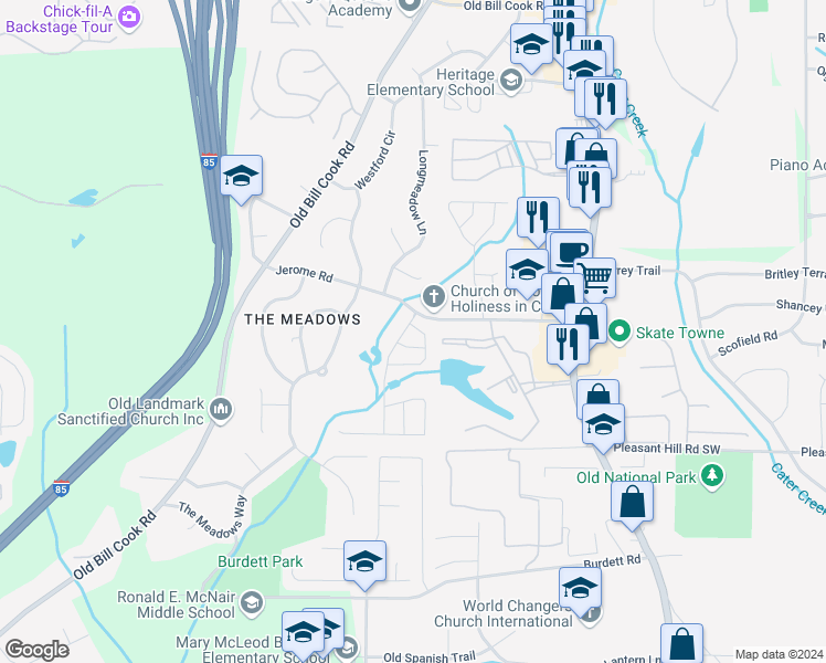 map of restaurants, bars, coffee shops, grocery stores, and more near 5405 Twin Lakes Drive in Atlanta