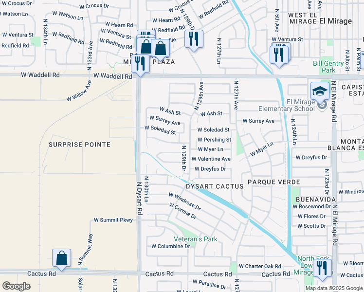 map of restaurants, bars, coffee shops, grocery stores, and more near 12905 West Soledad Street in El Mirage