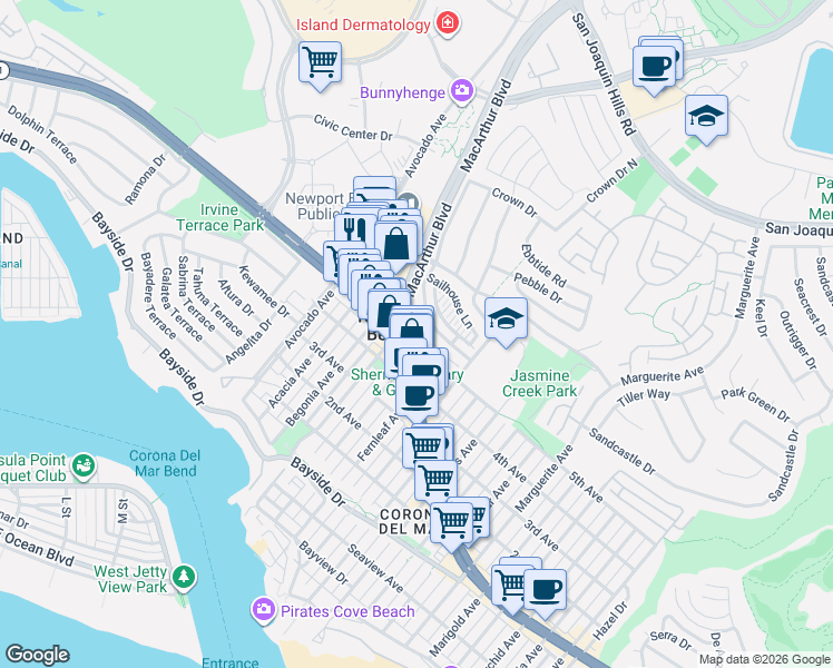 map of restaurants, bars, coffee shops, grocery stores, and more near 2591 Point Del Mar in Newport Beach