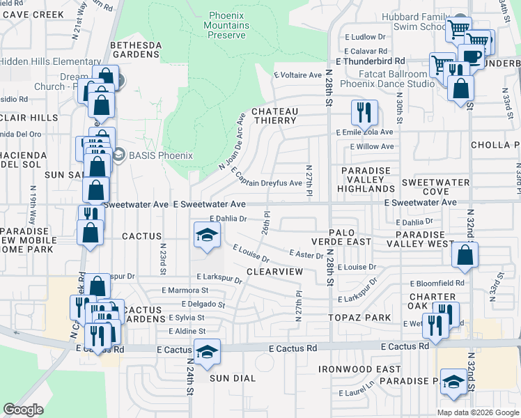map of restaurants, bars, coffee shops, grocery stores, and more near 2576 East Sweetwater Avenue in Phoenix