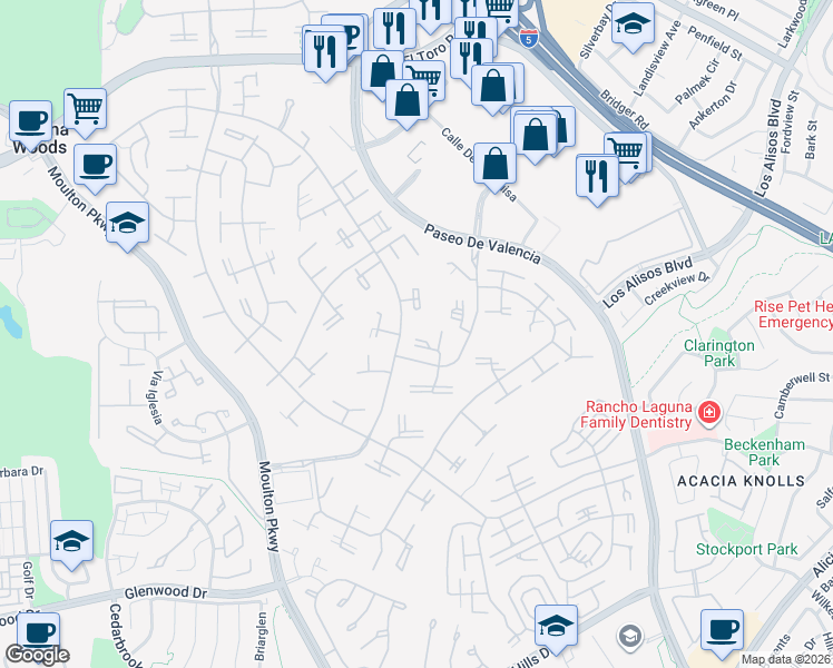 map of restaurants, bars, coffee shops, grocery stores, and more near 104 Via Estrada in Laguna Woods