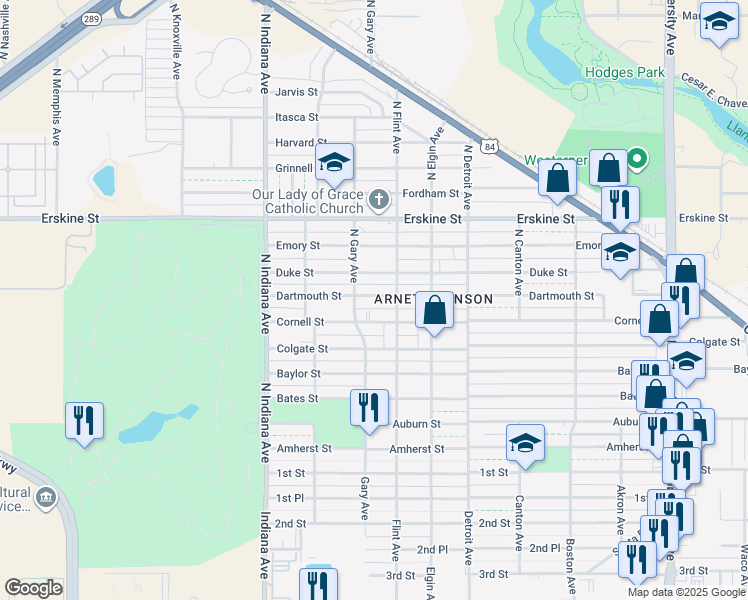 map of restaurants, bars, coffee shops, grocery stores, and more near 3109 Duke Street in Lubbock