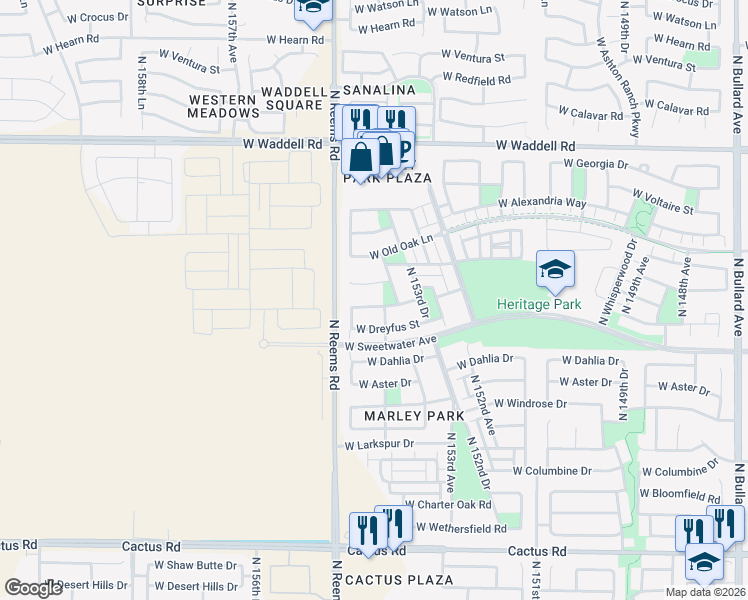map of restaurants, bars, coffee shops, grocery stores, and more near 15429 West Surrey Drive in Surprise