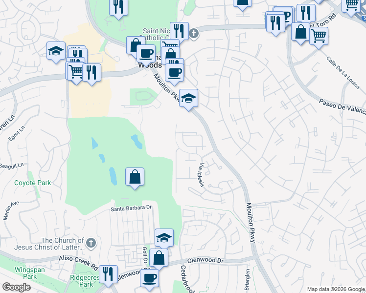 map of restaurants, bars, coffee shops, grocery stores, and more near 23376 Via San Miguel in Aliso Viejo