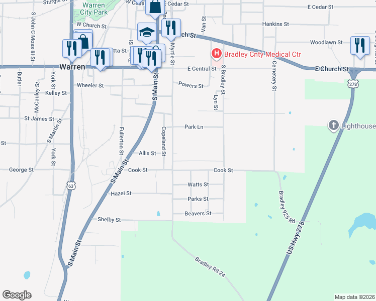 map of restaurants, bars, coffee shops, grocery stores, and more near 303 Park Lane in Warren