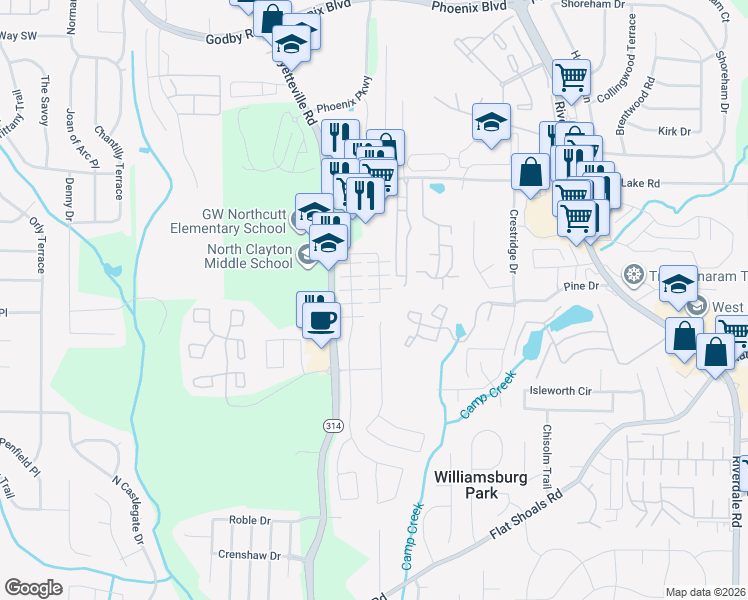 map of restaurants, bars, coffee shops, grocery stores, and more near 7996 Amazon Court in Atlanta