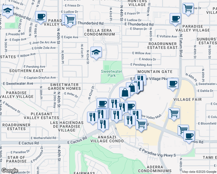 map of restaurants, bars, coffee shops, grocery stores, and more near 12844 North Paradise Village Parkway West in Phoenix