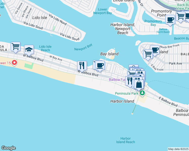 map of restaurants, bars, coffee shops, grocery stores, and more near 523 West Balboa Boulevard in Newport Beach