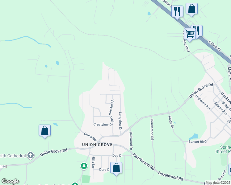 map of restaurants, bars, coffee shops, grocery stores, and more near 904 Longview Circle in Adamsville