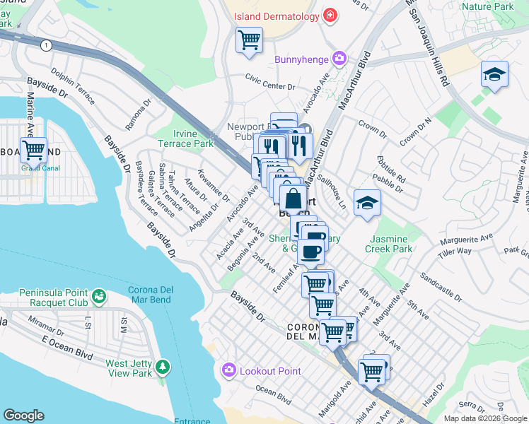 map of restaurants, bars, coffee shops, grocery stores, and more near Acacia Avenue in Newport Beach
