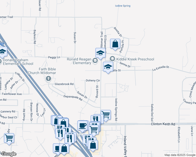 map of restaurants, bars, coffee shops, grocery stores, and more near 23970 Doheny Circle in Wildomar