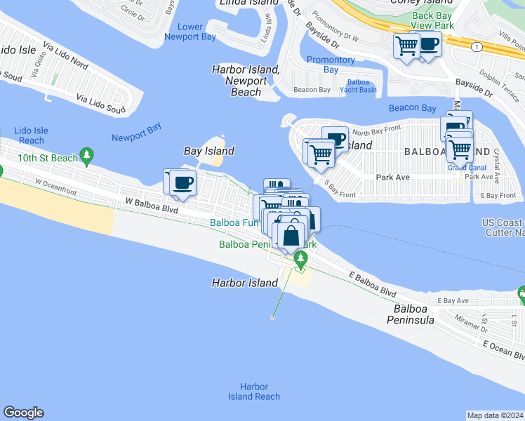 map of restaurants, bars, coffee shops, grocery stores, and more near 416 East Bay Avenue in Newport Beach