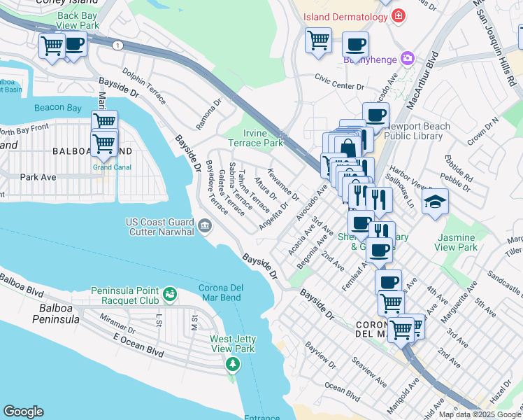 map of restaurants, bars, coffee shops, grocery stores, and more near 2015 Tahuna Terrace in Newport Beach