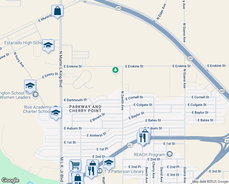 map of restaurants, bars, coffee shops, grocery stores, and more near 406 North Zenith Avenue in Lubbock